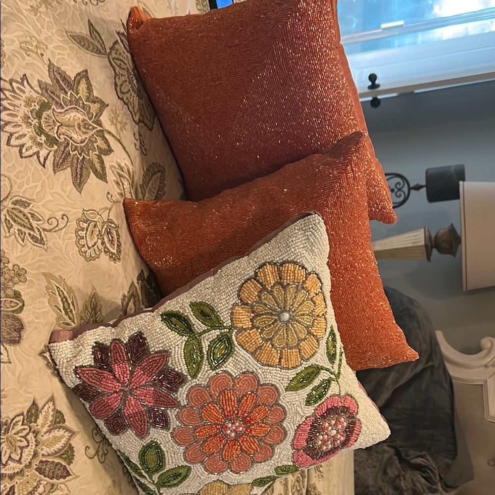 Cynthia Rowley Beaded Embroidered Floral and Salmon Throw Pillows